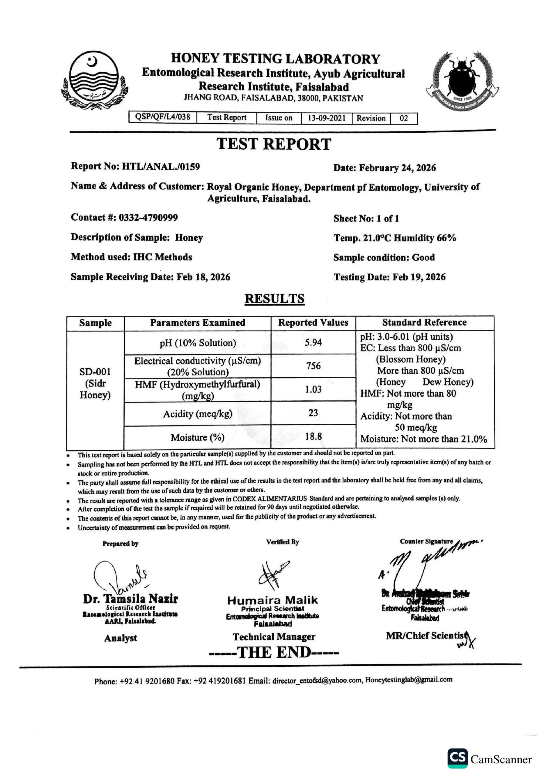 Royal Organic Honey Lab Test Report